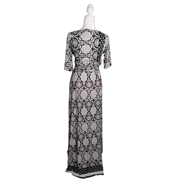 Women's Black White Floral Tie Wrap Stretch Maxi Dress L - Picture 2 of 6